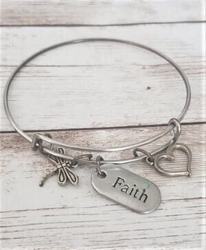 Silver Tone Faith Adjustable Bracelet / Bangle - Tarnished